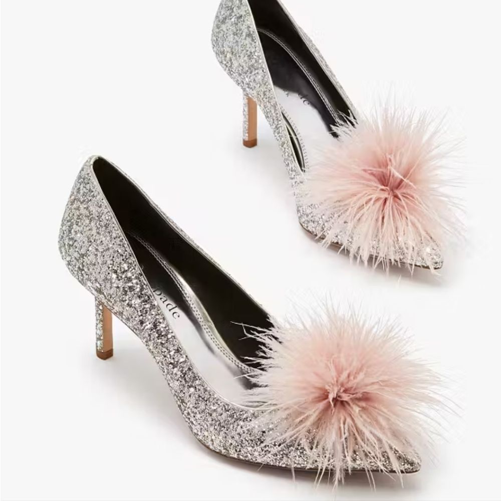 Kate Spade Silver Heels with Pink Pom Pom